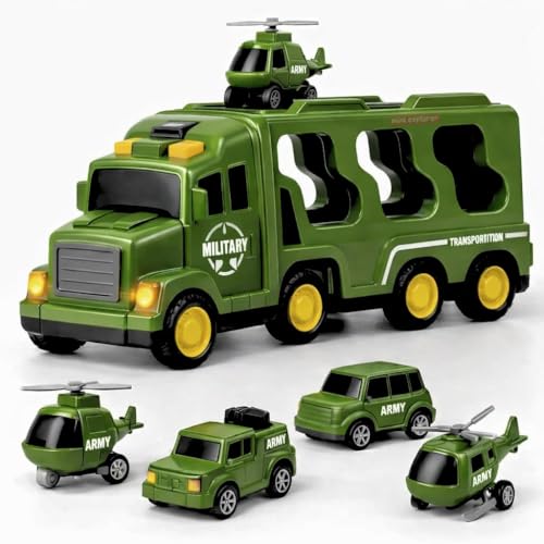 Image of Storio 5 in 1 Military Army Truck Toy for Kids 3-5 Years Boys | Transport Carrier Vehicle Set with Tank Helicopter Combat Cars | Friction Powered Light Sound Toys for 3 4 5 6 7 Years Old