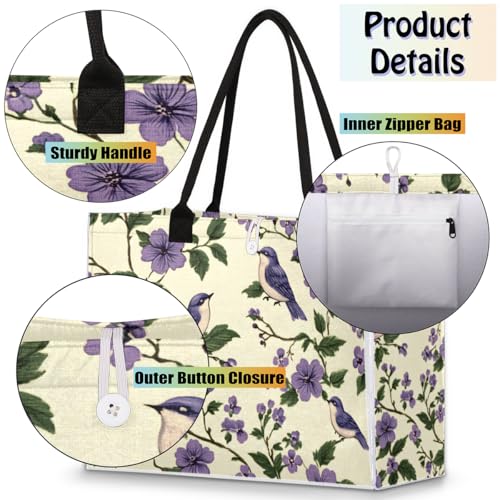 Purple Bird Floral Plant Tote Bag for Women Large Beach Bag Reusable Tote Bags for Work Travel Beach Shopping4