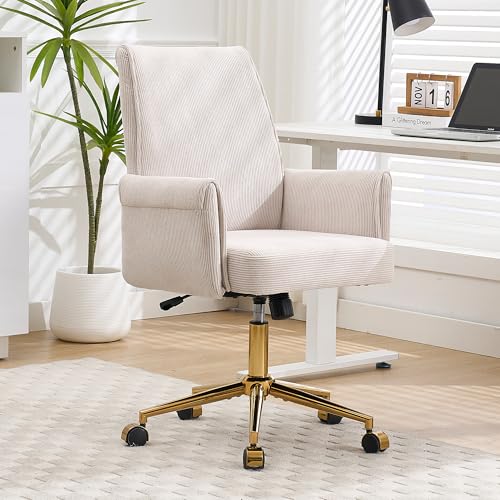 YITAI Stripes Velvet 360°Swivel Desk Chair, Modern Height Adjustable Home Office Armchair with Gold Base and Wheels for Vanity, Comfy Computer Chair for Study Living Room Bedroom（Beige）