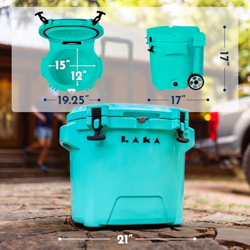 Image of Laka Cooler with Wheels - 30QT Rotomolded Insulated Rolling Hard Cooler, Telescoping Handle, Holds 24 Cans + Ice, Up to 7 Days Cold, Drain Plug, Cup Holders + Bottle Opener, Beach /Camping /Boat