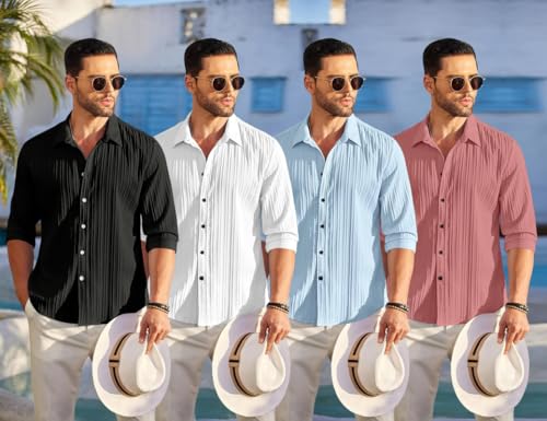 Image of FINIVO FASHION Combo of Men's Casual Cotton Plain Button Down Shirt Long Sleeve Textured Summer Beach Shirt for Men Pack of 4