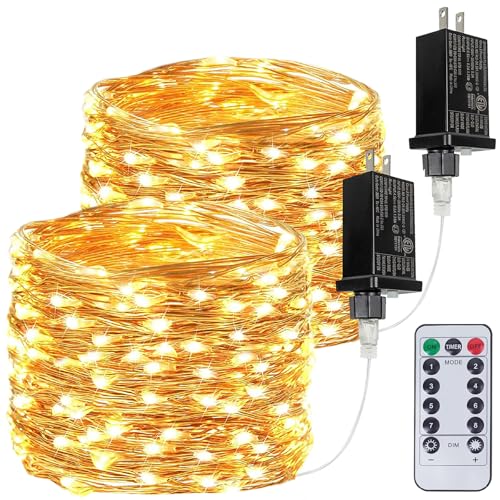 2 Pack 66FT 200 LED Fairy Lights with Remote, Plug in Twinkle Lights