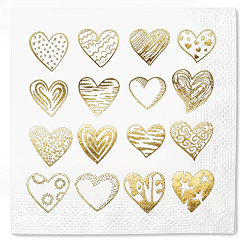 Hearts Napkins Cocktail Disposable Paper Gold Foil 100 Pieces Pack 2 Ply 5"X5" Inches Beverage Saint Valentine Party Or Event Supplies #TOP1