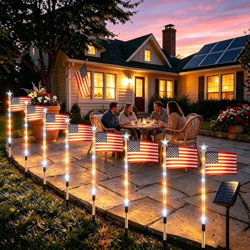 Solar American Flag Lights 4th of July Decorations 8-Pack Red White Blue Solar Flag Lights Memorial Day Decorations for Independence Day Indoor Outdoor Home Yard (1Set)