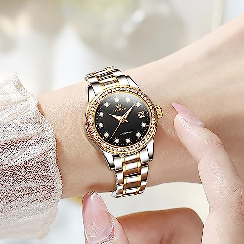 Image of OLEVS Womens Automatic Watch Gold Luxury Diamond Self Winding Ladies Wrist Watches Waterproof Luminous Date