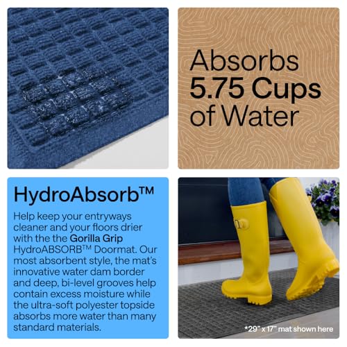 Image of GORILLA GRIP Ultra Absorbent Front Door Mat Outside Entrance, 35x23, Traps Dirt and Moisture, HydroABSORB Indoor Outdoor Doormat Holds Up to 5.7 Cups Water, Stain and Fade Resistant Welcome Mat, Blue