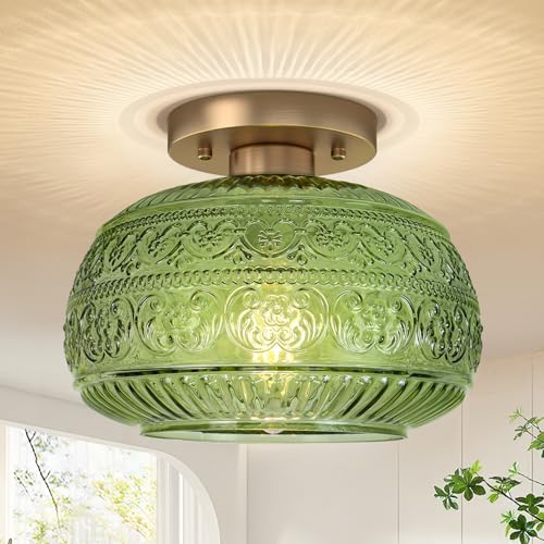 Semi Flush Mount Ceiling Light, Upgraded Modern Close to Ceiling Light Fixture with Green Glass,Gold Indoor Kitchen Lighting for Porch Corridor Hallway Bedroom, Bulb Not Included
