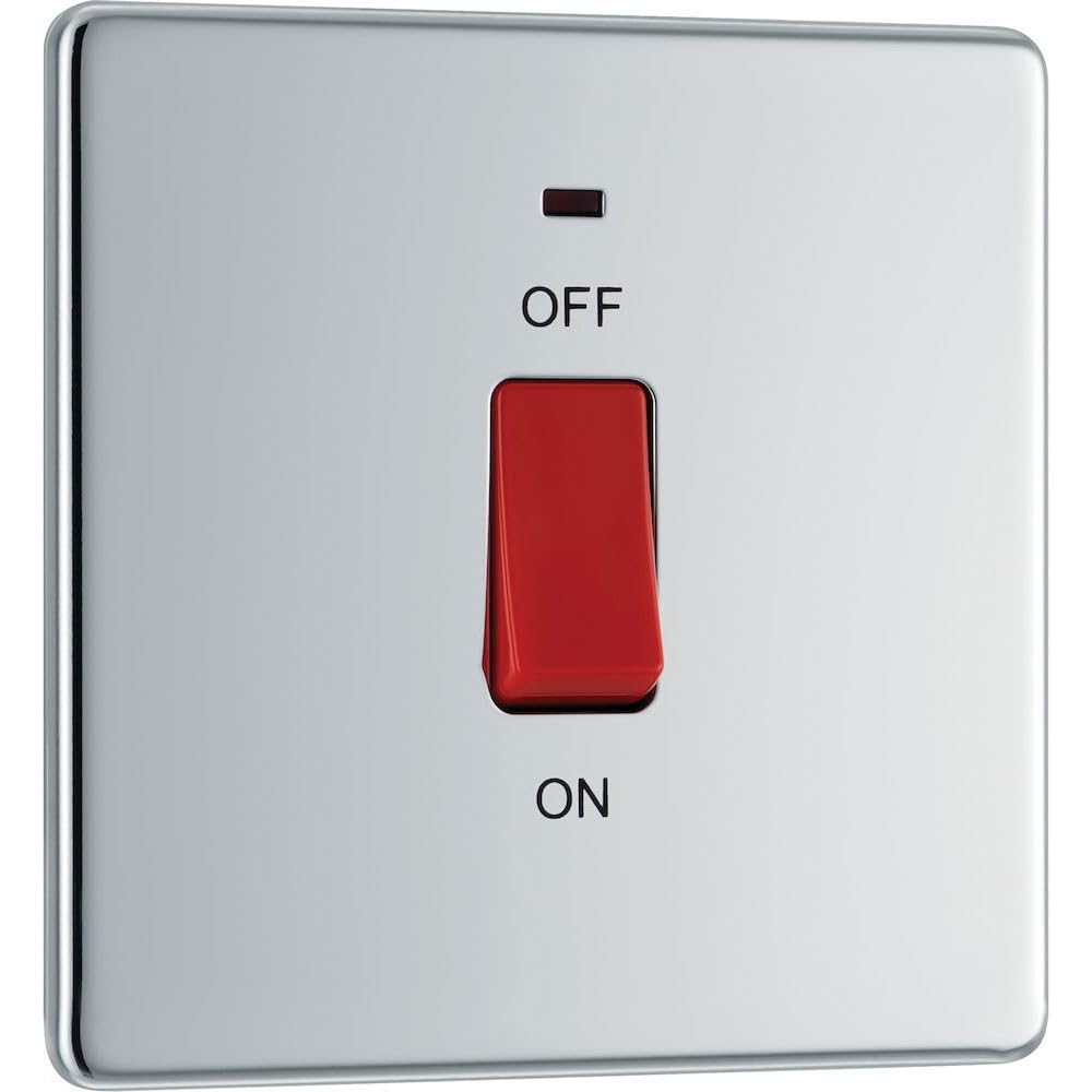 BG Electrical Cooker Control Switch Unit with LED Power Indicator, Single Plate, Double Pole, Flatplate Screwless, Polished Chrome, 45A, FPC74