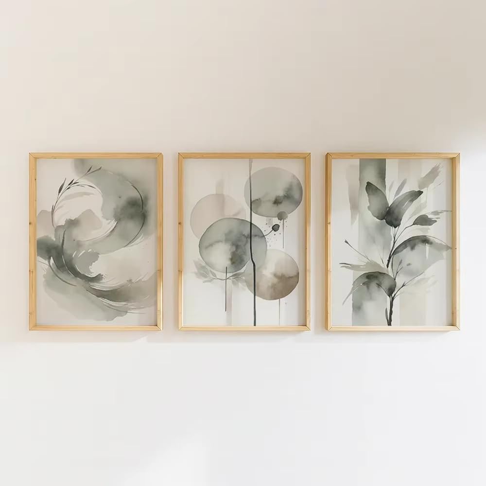 GOSRD Cuadro abstracto de plantas en acuarela sobre tela, estilo moderno minimalista para sala de estar (50x75cm - 3 piezas/marco interno)