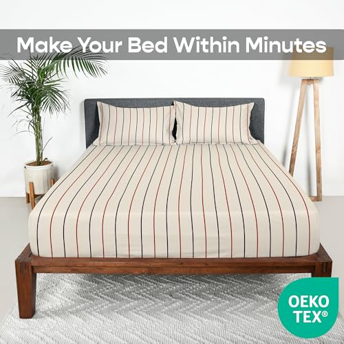 Image of SleepyCat 200TC Percale Fitted Sheets with 1 Pillowcase | 100% Breathable Cotton Bedsheet | Cool & Crsip Feel | 360 Elastic Grip for Easy Tuck| Sailor Stripes, Single Size, 72x36 Inch