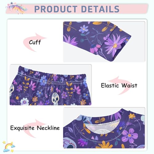 Fustylead Hand Draw Day Of The Dead Skulls and Purple Floral Cotton Pajamas 2-Piece Long Sleeve Sleepwear Matching Set4