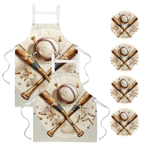 Tablier cuisine lin anti-tache réglable 2 poches motif baseball pour couple