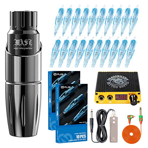 Dragonhawk Mast Tour Tattoo Pen Machine Kit Rotary Gun 20Pcs Wjx Cartridges Needles Power Supply Foot Pedal D366