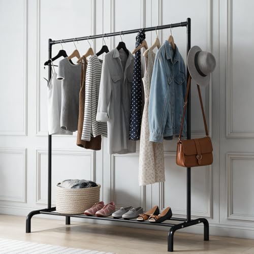 Image of HOUZA Heavy-Duty Garment Stand Cloth Rack with Bottom Storage Shelf & 4 Side Hooks | Freestanding Clothes Hanging Stand, Rack for Clothes Storage & Cloth Rack for Bedroom & Entryway (Black)