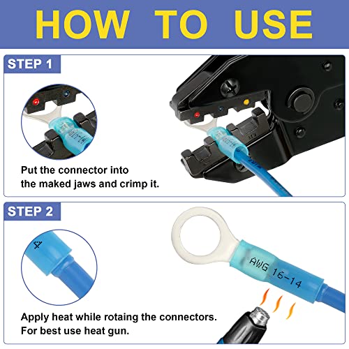 haisstronica Crimping Tool for Heat Shrink Connectors HS-8327 with 280PCS Marine Grade Heat Shrink Wire Connectors,Tinned Red Copper AWG 22-10 Electrical Ring Fork Spade Splice(3Colors/21Size)