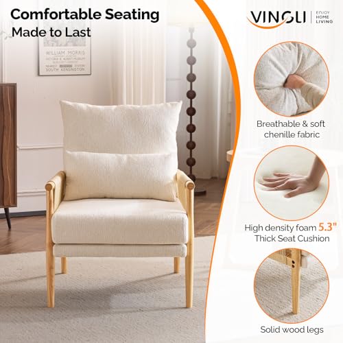 VINGLI Boho Braid Accent Armchair,Mid-Century Modern Chiar with Solid Wooden Armrest,Comfy Louge Cushion Chair with Waist Pillow for Bedroom,Living Room,Reading Room, Beige - Image 7