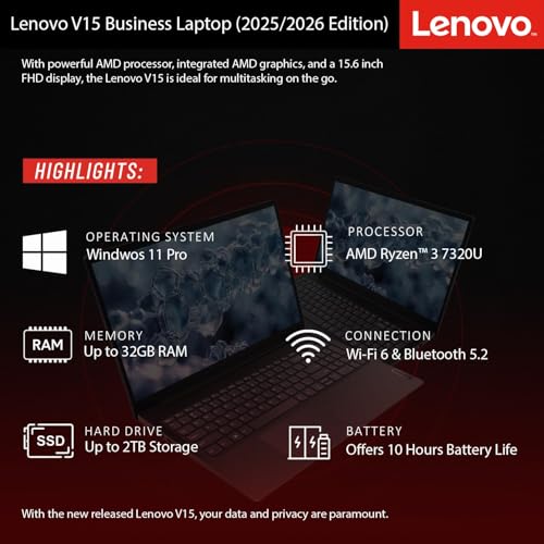 Image of Lenovo 2026 Business Laptop with MS 365 for the Web, Ryzen 3 7320U(Outperforms Intel i7-1065G7), 16GB DDR5, 1TB PCIE, 15.6 inch FHD Display, Fast Charging Speed, 14.5-Hour Battery Life, Windows 11 Pro