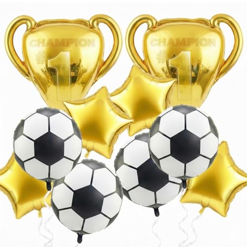 10Pcs Soccer Balloons Kit Gold Championship Trophy Foil Balloon Football Star Mylar Balloons for Sports Themed Party Supplies World Cup Birthday Celebration Decoration Fan Events