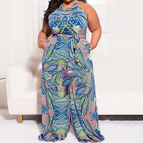 Women's Sexy Plus Size Wrap Top Wide Leg Floral Sleeveless Halter Neck Cocktail Jumpsuit With Pockets Blue 5Xl #TOP3