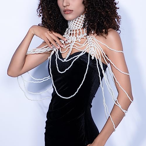 Ccbodily Pearl Body Chain Bra - Fashion Shoulder Necklaces Bra Chain Body Jewelry(E-White) #TOP4