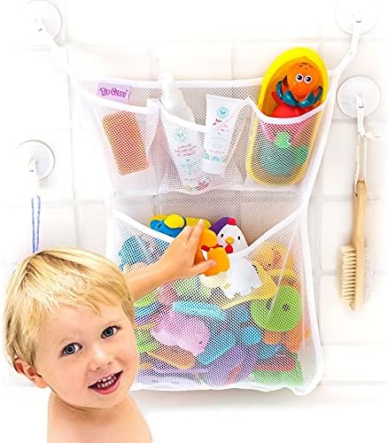 Tub Cubby Baby Bath Toy Storage for Bath Tub Toys - 14" x 20" Hanging Mesh Toy Holder with Suction & Adhesive Hooks - Bath Toy Organizer for Tub Toys for Toddlers 1-3 Years - Bathtub Toy Holder