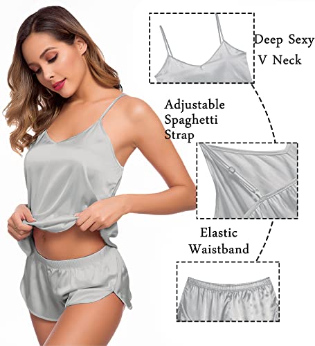 Image of SWOMOG Womens Silk Satin Pajamas Sets 4pcs Sleepwear Sexy Cami Shorts Set and Button Down Short Sleeve Pjs Loungewear