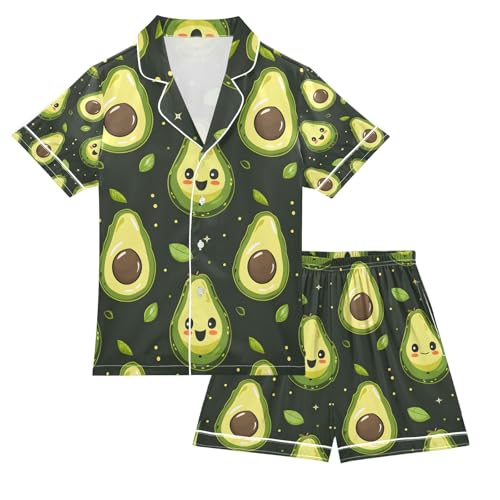 senya Cartoon Avacado Smile Satin Summer Pajama Sets Silk Short Sleeve Button Down Sleepwear