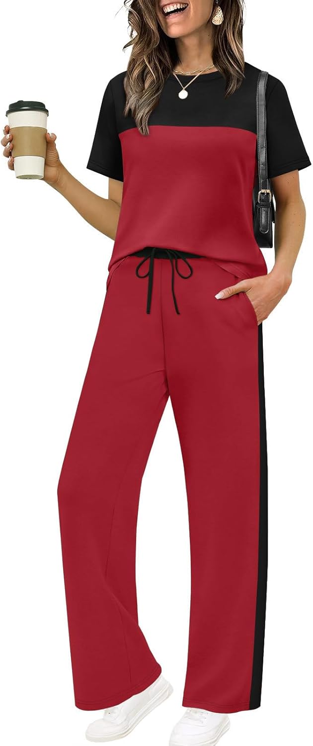 WIHOLL Two Piece Sets for Women Summer Lounge Matching Sets Clothing Beach Vacation Travel Spring Outfits Wide Leg Pants Set