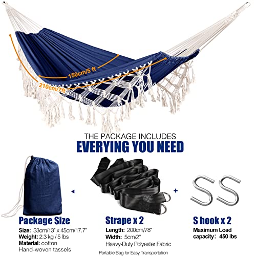 Anyoo Hammock Garden Cotton Hammock Comfortable Fabric Elegant Deluxe Tassels Durable Swing Hammock Up To 450Lbs Portable Hammock With Travel Bag,Perfect For Porch Patio Yard Bedroom Outdoor/Indoor #TOP2