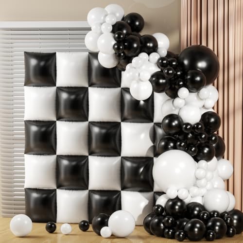 75Pcs Black and White Square Foil Balloons Wall Tunnel Backdrop Double Sided with White Black Balloons Arch Garland Kit for Checkered Racing Car Birthday Party Decoration by OTLGEUA - Used condition - US$8.26