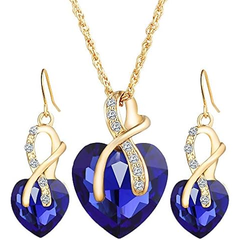 QIAN0813 Romantic Austrian Crystal Gold Color Jewelry Sets For Women Heart Necklace Earrings Set Rhinestone Hollow Bridal Wedding Accessories (Blue) Cover