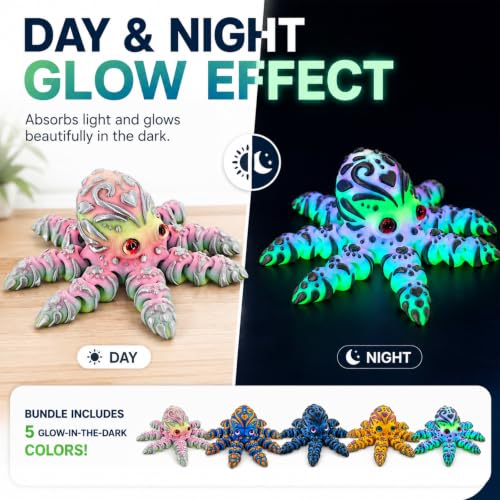 HIAPRIL 5 pcs-3D Printed Articulated Octopus, Mini Heart Octopus Figurines with Flexible Tentacles, Colorful Poseable Desk Decor, Fidget Toys & Collectible Desktop Decorations for Teens and Adults - Image 4