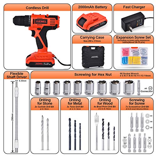 20V MAX Cordless Drill Driver, JUEMEL 100Pcs Accessories Electric Power Drill Set, 2-Speed with Variable Speed Trigger, 3/8'' Keyless Chuck, 18+1 Clutch and 2Ah Lithium-Ion Battery