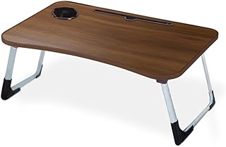 طاولة لاب توب ومكتب دراسة خشبي قابل للطي مريح ومزود بحامل أكواب وتابلت متعدد الاستخدامات للعمل والدراسة وتناول وجبات الطعام والاستخدام على السرير، لون بني