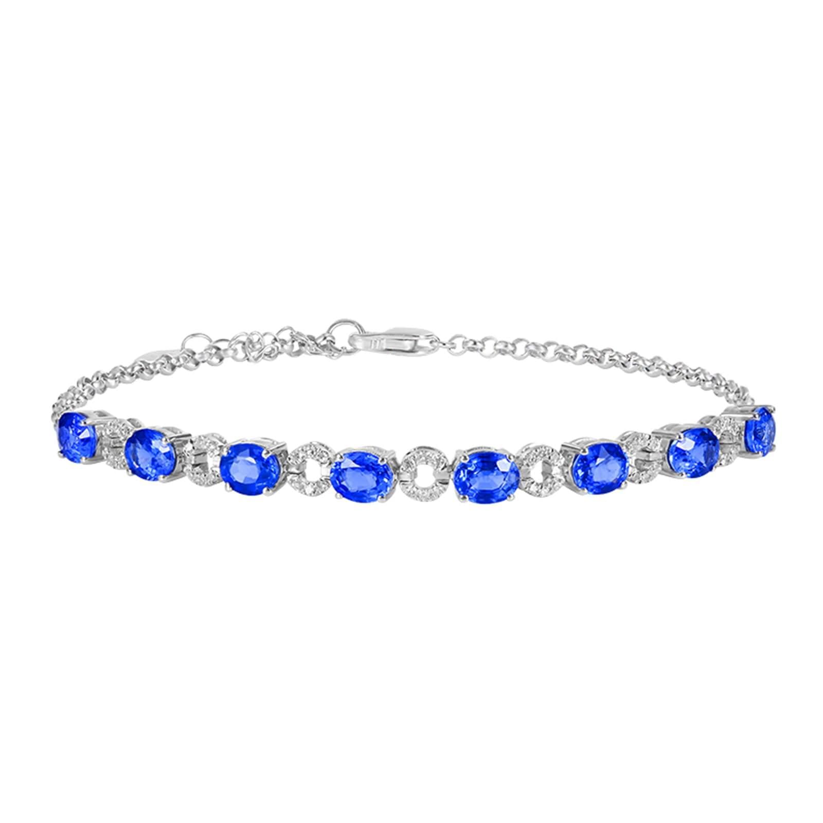 Bracciale Donna Oro Bianco 9 Kt / 14 Kt / 18 Kt 750, Ovale e Cavo con Zaffiro Creato da 3,62 ct e Moissanite, Regolabile 16 CM + 5 CM, Bracciali Catena Blu Argento Donna