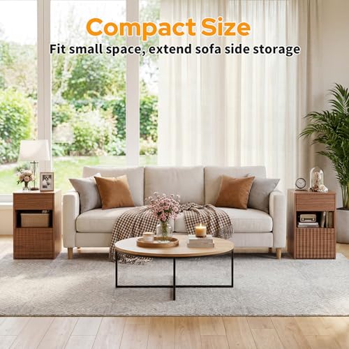 Image of Eongdon Fluted Nightstand Set of 2, Mid Century Modern End Table with 2 Drawers and Open Storage, 11.7 inch W Narrow Bedside Table Organizer, Wood-Like Walnut Finish Compact Night Stand for Bedroom, Sofa