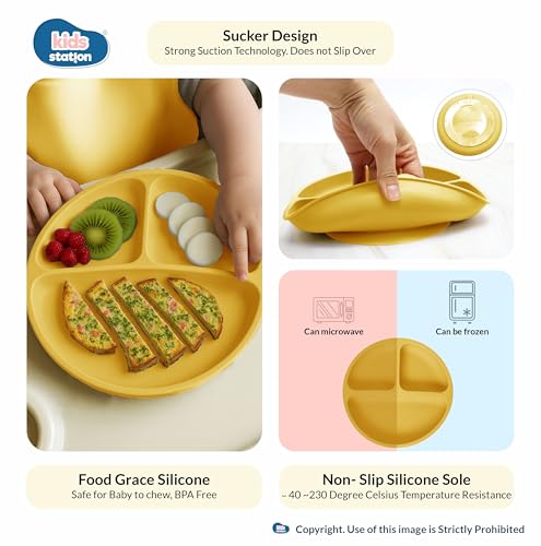 Image of Kids Station 8-Piece Silicone Baby Feeding Set | Suction Bowl, Plate, Bib, Cup, Spoon & Fork | 100% Food Grade BPA-Free Silicone | Non-Slip, Easy to Clean (Pack of 8, Yellow)