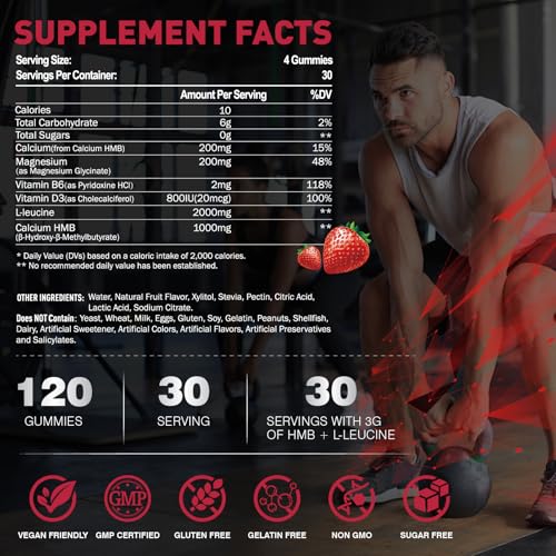 Chewable HMB Amino Acid & Leucine Gummies for Muscle Health & Growth - Vegan Strawberry Flavor - Men & Women - Immune Su