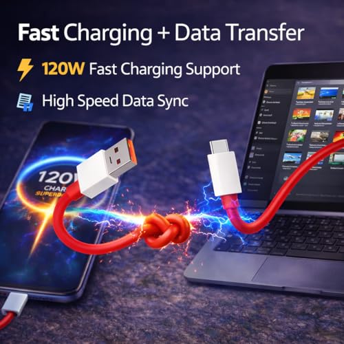 Image of 120W Ultra Fast Charging Cable, USB Type-A to Type-C, 10A High Speed, 2 Meter Red TPE Unbreakable, VOOC SuperVOOC Warp Dart Flash Compatible (1, 200, Centimeters)