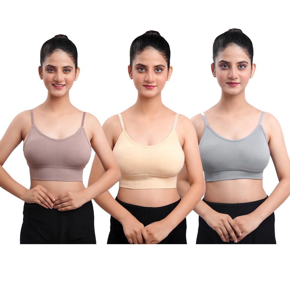 texello Women's Cotton Wire-Free Full Coverage Lightly Padded Sports Bra - Comfortable & Supportive Everyday Wear - Pack of 3 (Size- 34, Brown, Grey, Beige)-picture-45