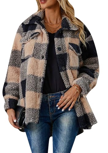 OMZIN Womens Soft Shirt Coat Fuzzy Casual Lapel Cardigan Plaid Flannel Loose Fit Multicolor Shirts
