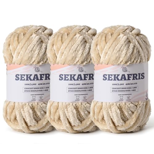 Image of Fuzzy Chunky Chenille Yarn for Crocheting,Soft Plush Yarns for Hand Knitting,Bulky 3x100g(3x49.2 yd) Baby Blanket Yarn for Crocheting Amigurumi,Crochet Fluffy Velvet Yarns (3 Beige)