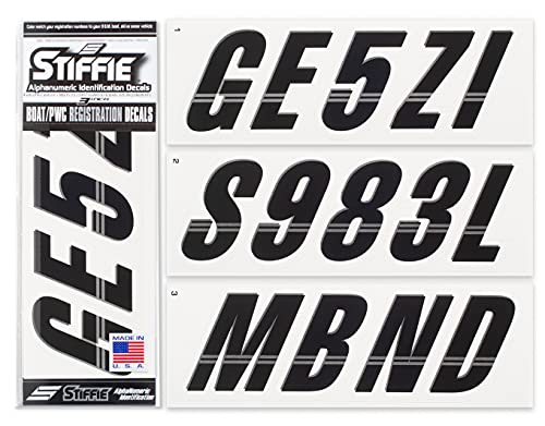 Image of STIFFIE Techtron Black /White 3 inch Boat & PWC Registration Decals • Numbers Letters Stickers