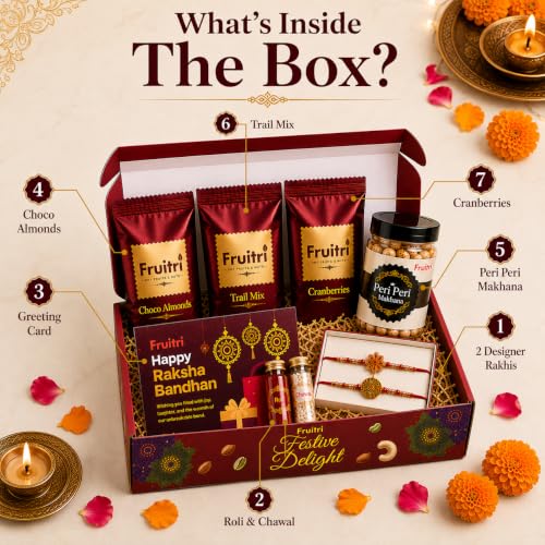 Image of Fruitri Premium Rakhi Gift Hamper for Brother - Complete Rakshabandhan Combo with 2 Rakhis, Chocolate Almonds, Trail Mix, Cranberries - 300g, Peri Peri Makhana, Roli Chawal & Greeting Card