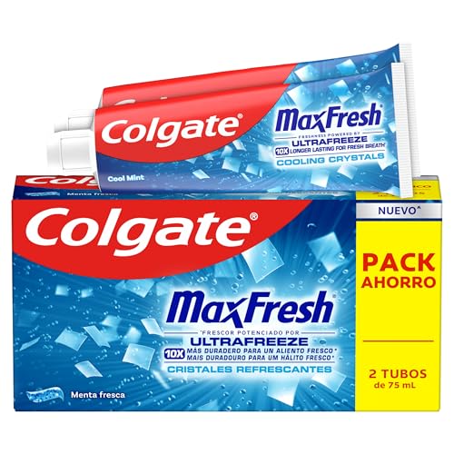 Colgate Max Fresh Dentífrico Cristales Refrescantes 2x75ml, Frescor potenciado por UltraFreeze, 10x más duradero, Sensación de frescor instantaneo y duradero