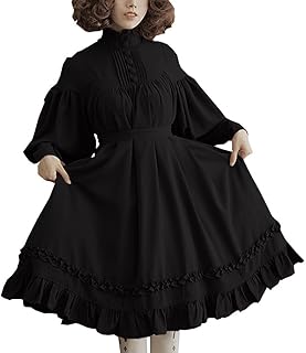 [ALL DAY Shining] ロリータ ブラック ワンピース フリル ドレス 長袖 バルーン袖 病みかわ ゴスロリ 黒 メイド服 コスプレ イベント パーティー レディース