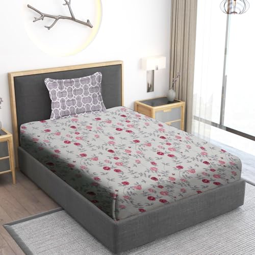 Home Stylish 280 TC Floral Print Ezyption Cotton 1 Single Bedsheet with 1 Pillow Cover 90x60 Inch White Pink Rose