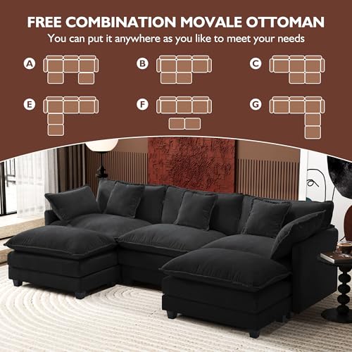 Image of Ihanherry U-Shaped Modern Sofa 111.4 inch Modular Sectional Cloud Couch with 2 Ottoman, 5-Seat Chenille Deep Seat Sofa with 5 Pillows for Living Room, Black