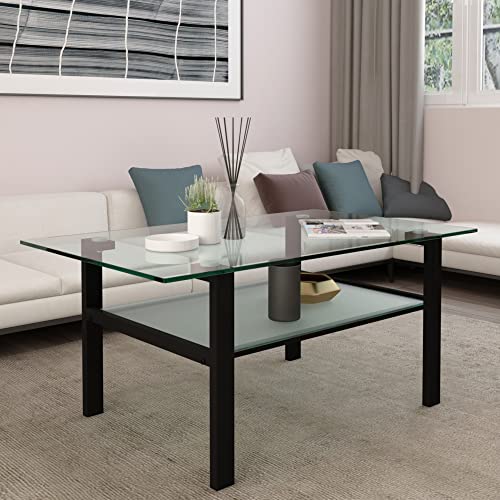 Recaceik 2-Piece Glass Coffee Table Set 2-Tier Modern Coffee Table Living Room Tables With Side Table, Clear Coffee Table And End Table Sets W/Storage Shelf Center Table For Living Room, Office, Grey #TOP5