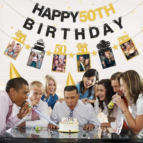 Image of Guiruiy Black Gold 50th Birthday Decorations for Men Women, Pre-strung Glitter Happy 50th Birthday Hanging Photo Banner Party Supplies, Cheers to 50 Years Old Bday Banners